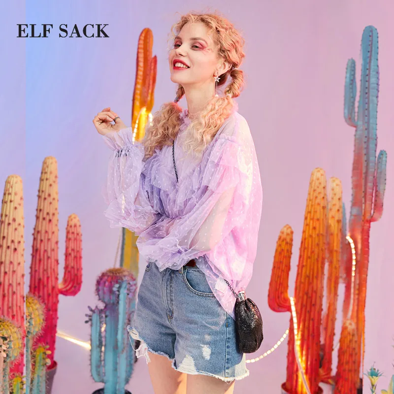 ELF SACK New Summer Woman Blouse Stylish Sweet Girl's Shirts Polka Dot Mesh Women Blouses O Neck lantern Sleeve Ladies Clothing| |