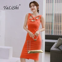 2018 summer solid hollow out bodycon pencil dress women orange sleeveless midi dress casual office lady party dresses vestidos