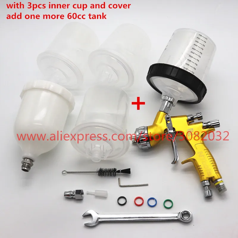2 tank 3pcs inner Профессиональный пистолет-распылитель GTI pro lite с золотым рисунком, 1,3 мм, насадка-распылитель с 3 шт., быстроразъемный резервуар для Смешивания Краски - Цвет: 2 tank 3pcs inner