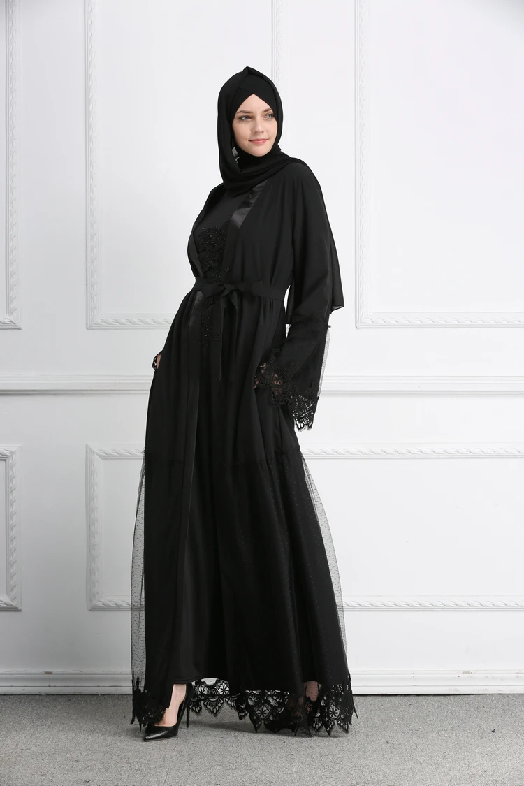 Muslim Lace Abaya Grenadine Black Full Dresses Cardigan Kimono Long Robe Gowns Jubah Middle East Ramadan Arab Islamic Clothing |