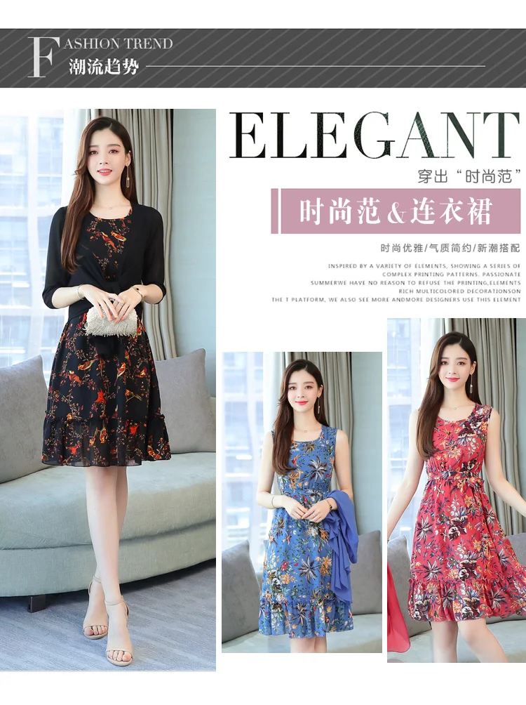 Elegant Floral Chiffon Two Piece Set Dresses Summer Vintage 4XL Plus Size Print Midi Sundress Women Bodycon Party Vestidos