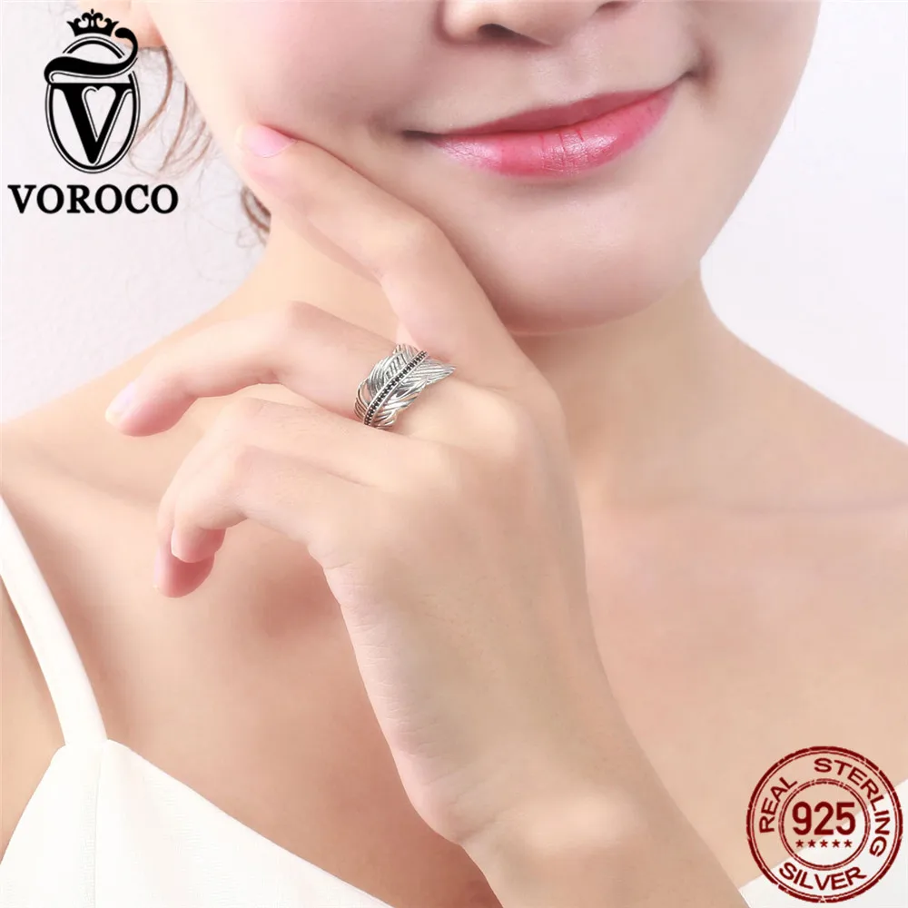 VOROCO 925 пробы серебряные винтажные черные циркониевые паве шикарные перо широкие