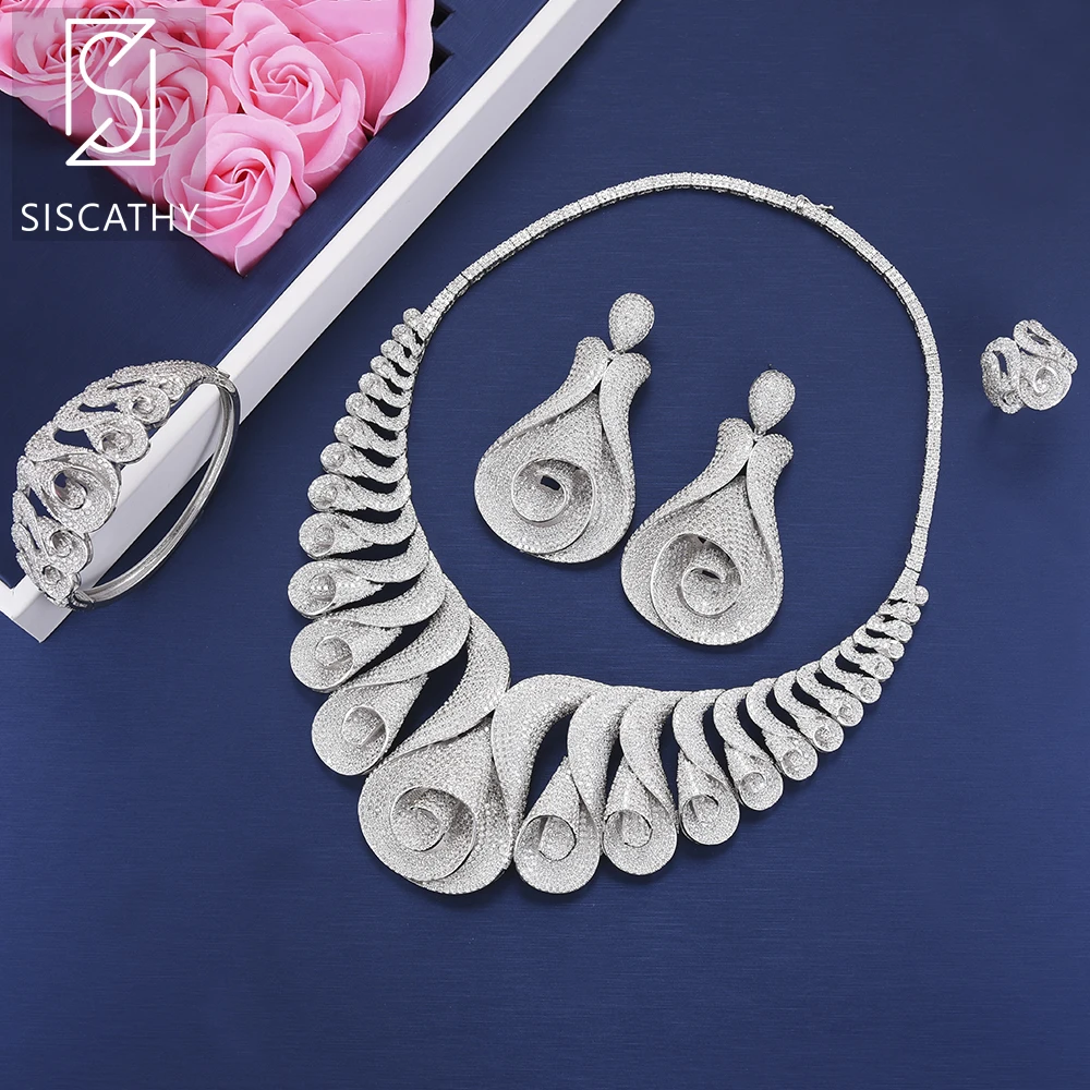 SISCATHY Fashion Tulip Shape Cubic Zirconia Big Collar Necklace Earrings Bangle Resizable Ring Jewelry Sets For Women Wedding | Украшения и