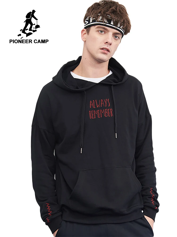 Мужская толстовка с капюшоном Pioneer camp черная хлопковая и принтом в виде букв