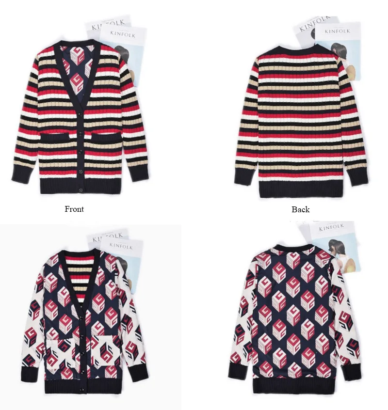 JOYDU Runway Vintage Stripes Cardigans Female 2018 New Fashion Geometric Lining V-neck Jersey Knitting Sweater Women Jacket |