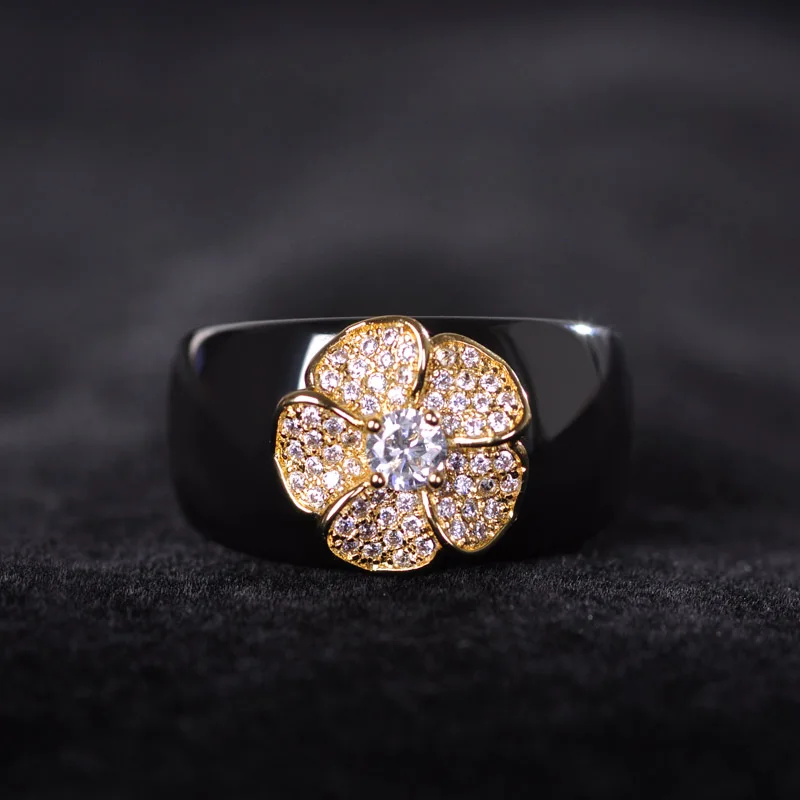 Горячие Черные Керамические Серьги и Кольцо Установить 18 К Позолоченные Медные CZ