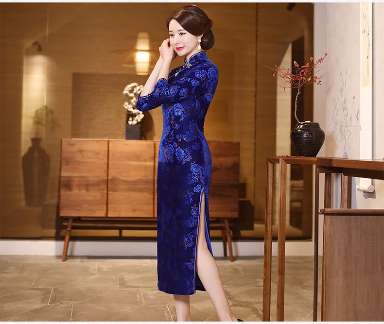 Sheng Coco Восточное бархатное платье Чонсам с китайским принтом Qipao элегантное эластичное бархатное платье-корсет Классический Qipao Китай 4XL