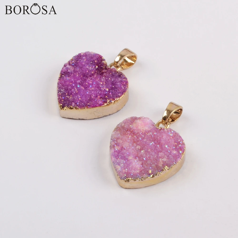 

BOROSA 10PCS Gold Color Heart Natural Agates Druzy Titanium Pendant Pink Purple AB Plating Drusy Pendant for Necklace G1829