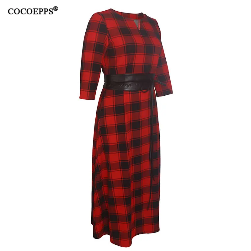 COCOEPPS Plus Size Dress Long Sleeve Maxi Work Office Autumn Spring Women clothes Red Plaid Big Elegant | Женская одежда