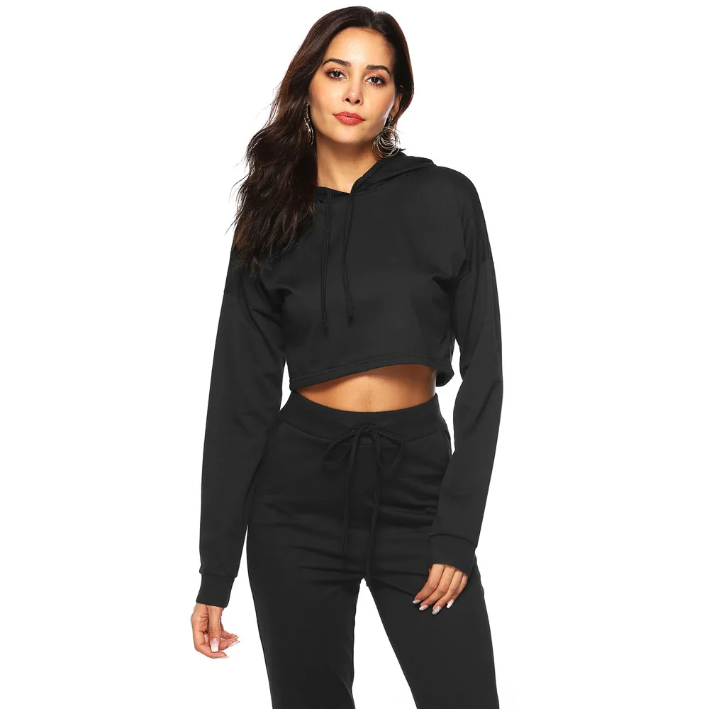 2018 Fashion Hot Winter Autumn Women Set Long Pants Short Sweatshirt Pullover Drawstring Hat Girl Streetwear | Женская одежда