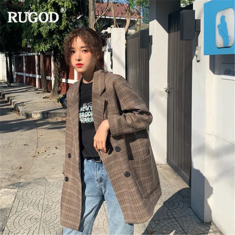 RUGOD 2019 винтажный женский костюм клетчатое однотонное двубортное пальто женское