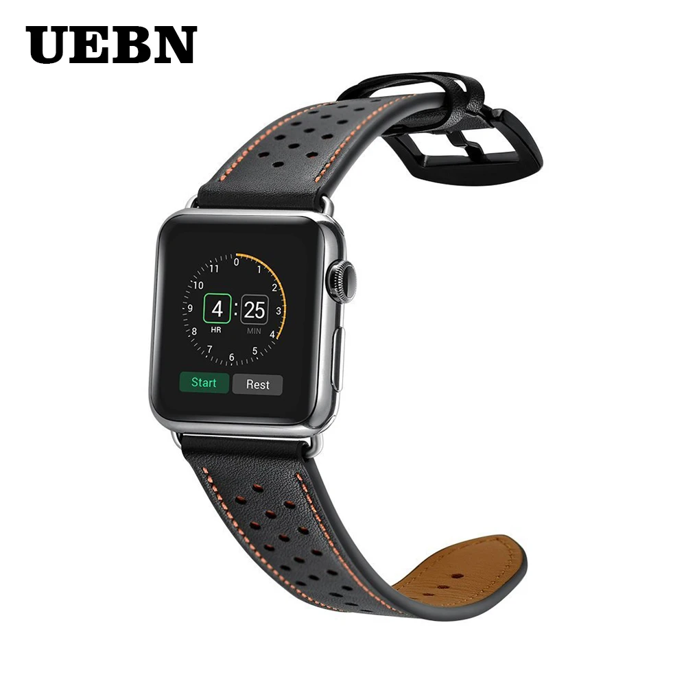 

Ремешок UEBN кожаный для apple watch Series 4 3 2 1, черный браслет с адаптером для iWatch 42 мм 38 мм 40 мм 44 мм