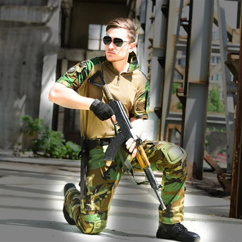 CAMO SET Тактическая Военная форма, одежда, армейская Военная Боевая форма, футболка и тактические штаны с наколенниками, одежда для охоты - Цвет: CAMO SET
