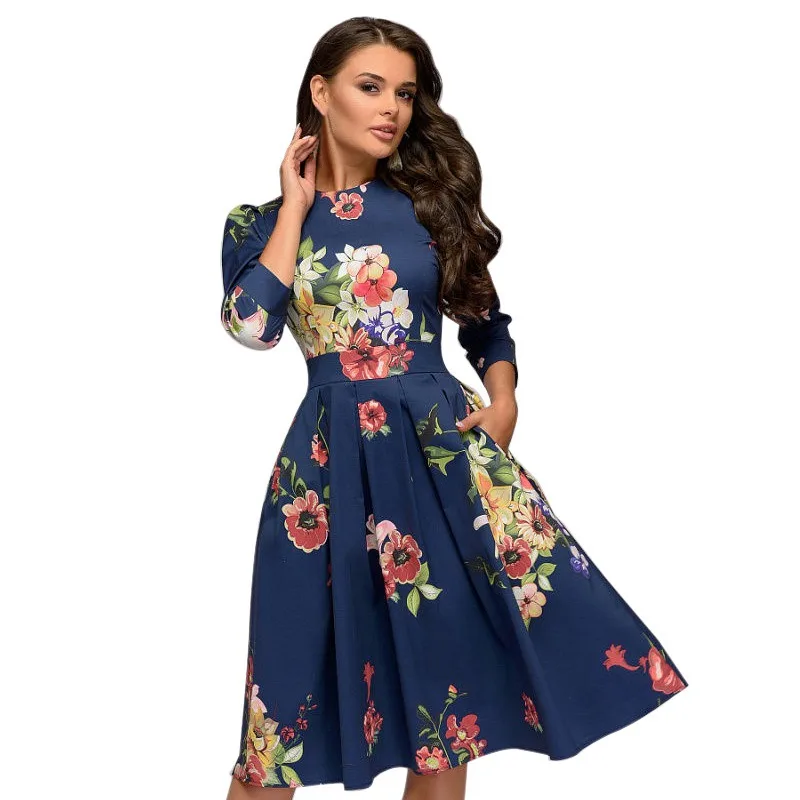 Женское платье трапеция длиной до колена с рукавом 3/4 винтажное миди круглым