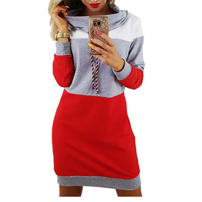 

Splicing Women Winter Turtleneck Long Sleeve Hooded Plus Size 2018 Autumn Striped Colorful Hoodie Dress Sweatshirt Dress