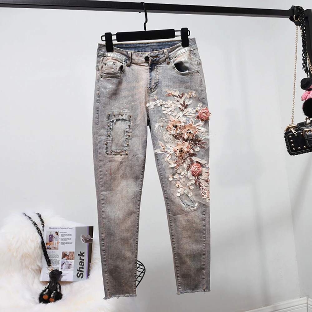 Flower Cowboy Vest+ Stretch Pants Casual Suits Women's Denim Jacket+Denim Pants Set Female Two Piece Jeans Set For Women