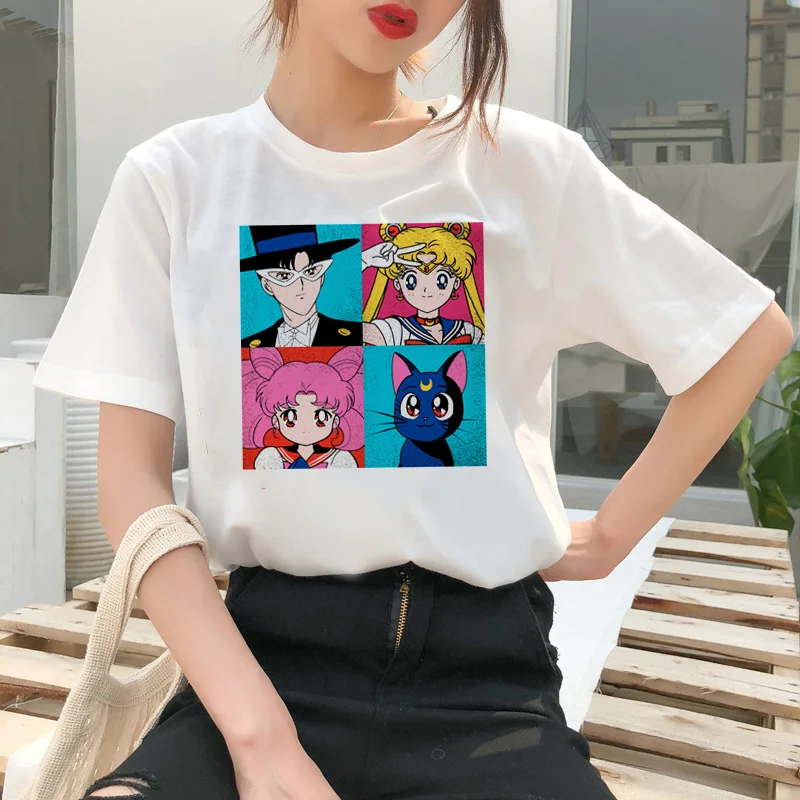 Сейлор Мун летняя модная футболка Женская Harajuku Веселая футболка милый кот футболка Мультфильм Ulzzang футболки kawaii одежда - Цвет: 3739