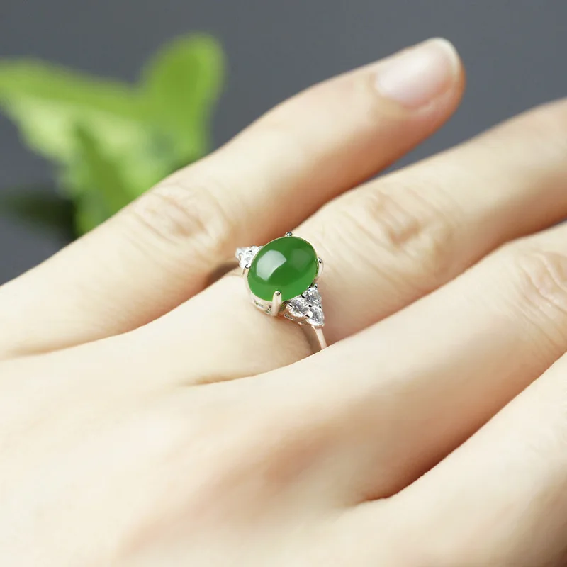 BUDONG Adjustable Oval Natural Nephrite Jade Jasper Band Fine Jewelry for Women Triangle Certificated 925 Sterling Silver Ring | Украшения
