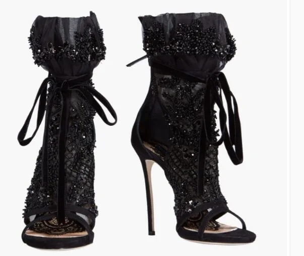Gullick/элегантные черные босоножки на высоком каблуке украшенные кружевом и