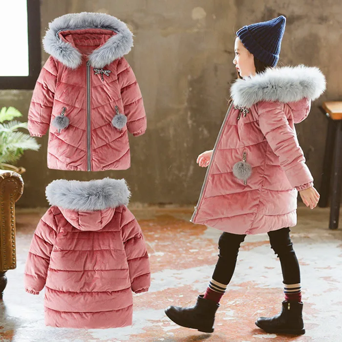 pink Зимнее пальто для девочек велюровые парки стеганая куртка новинка года; модные хлопковые куртки с большим меховым воротником; Верхняя одежда Высокое качество; 120-160 - Цвет: pink