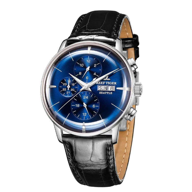 Reef Tiger Classic Serier RGA1699 мужские модные деловые часы с двойным календарем автоматические механические наручные часы-серебро