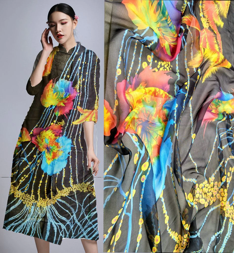 

New Fashion 138cm Wide 8mm Beautiful Chiffon Orange Flowers Printing 100% Mulberry Silk Fabric For Dress Shirt Clothes Feutrine
