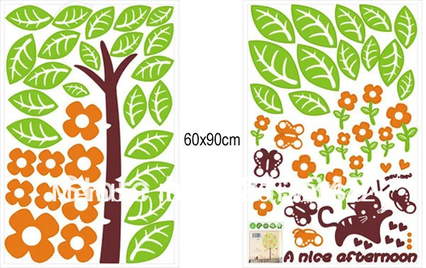 [Fundecoration] Кот играть цветок детская комната дома деко дерево настенные стикеры