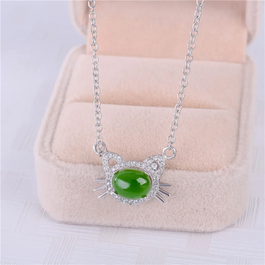 Almei красивый дизайн с кошкой ожерелье блестящее 2ct зеленая яшма горный хрусталь