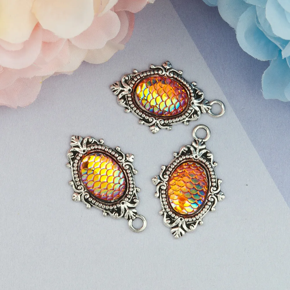 Подвески DoreenBeads из сплава цинка и Русалка смолы рыбья чешуя Овальные