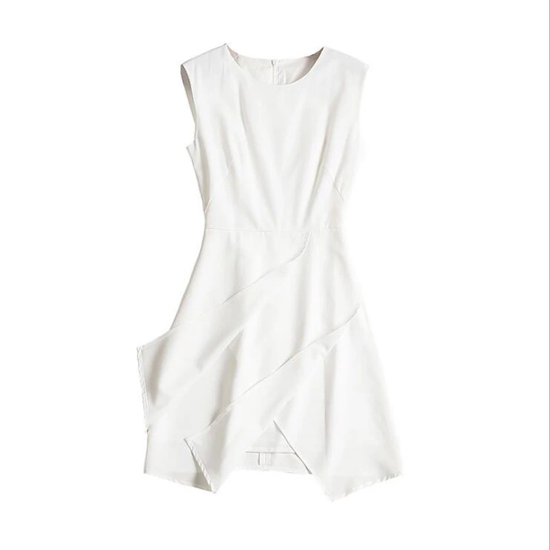 Mycourse Для женщин Асимметричный рубашка белое платье с круглым вырезом без рукавов