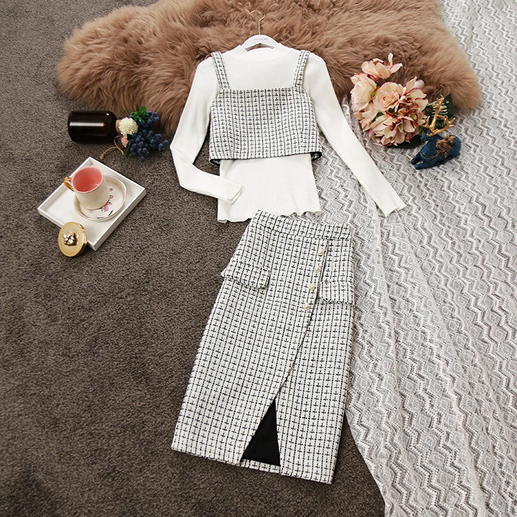 New round neck lantern sleeves knit lace shirt wool vest woolen Fashion Clothes Plaid Ladies bag hip skirt three-piece suit | Женская