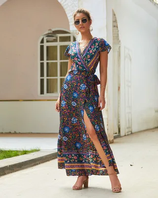 blackblue Boho женское летнее платье сексуальное пляжное платье с принтом и бантом с v-образным вырезом длиной до щиколотки асимметричное праздничное женское платье - Цвет: blackblue
