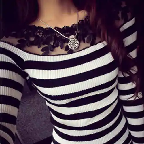 Long sleeve Striped Blusa черно-белые полосатые блузки-рубашки, вязанные женские топы, мода, элегантная кружевная вышивка, длинный рукав, трикотаж для женщин - Цвет: Long sleeve Striped