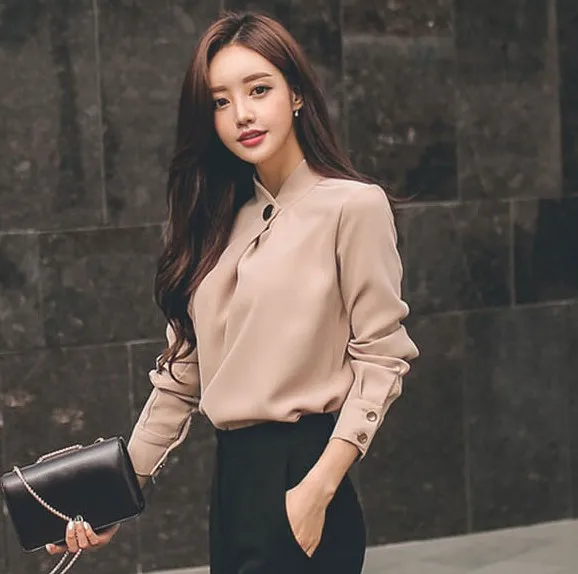 2018 весенние шифоновые рубашки с длинным рукавом и стоячим воротником Женская