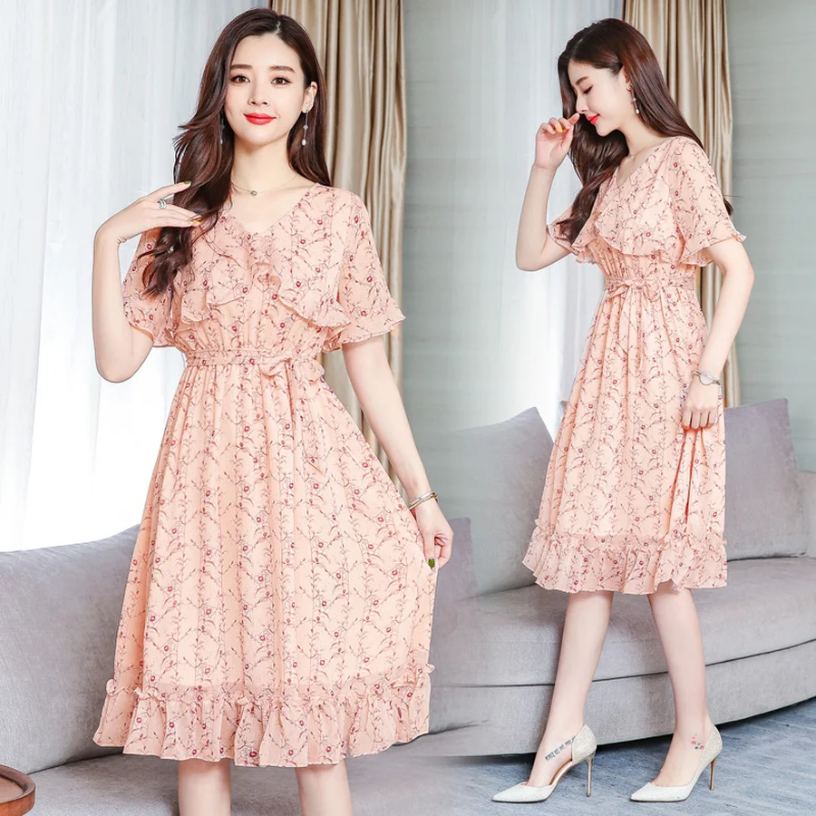 2019 Винтаж 3XL плюс размеры розовый принт пляжные наряды лето сладкий шифон Boho миди