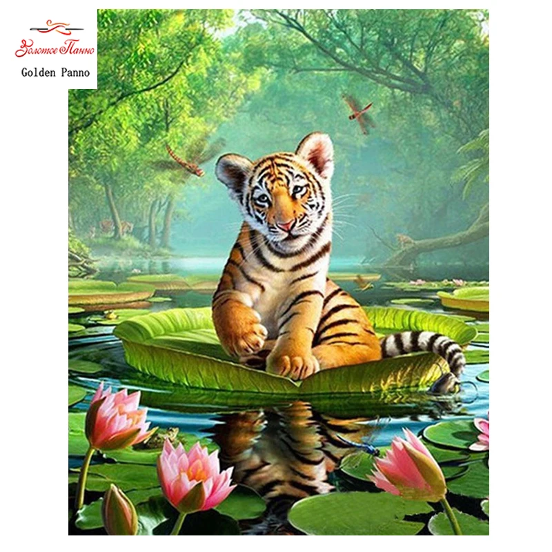 Golden panno 5D diy diamond embroidery Full square Diamond Painting Cross Stitch 3D Mosaic Needlework Pool tigers 727S | Дом и сад