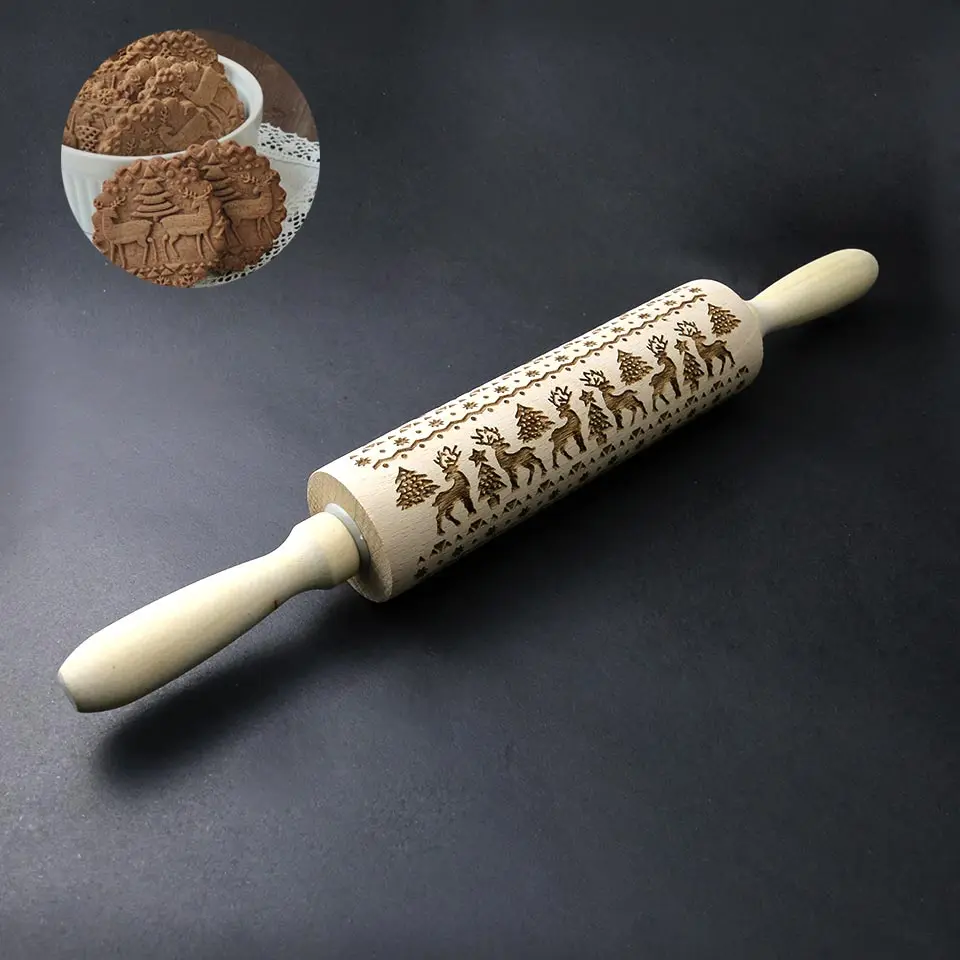 

Christmas Embossing Rolling Pin For Wooden Rolling Pin With Pattern Pastry Tools Accessories Baking Engraved Reindeer Snowflake