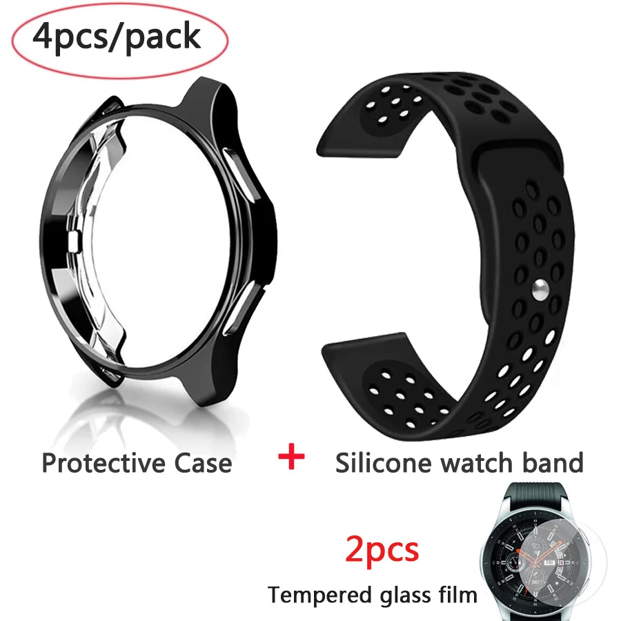 black -black case 4в1 силиконовый ремешок для часов+ защитный чехол+ Закаленное стекло пленка для samsung galaxy Watch 42 46 мм ремешок для часов защитный чехол стеклянная пленка - Цвет: black -black case