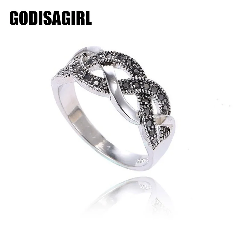 

Retro Silver Plated Vintage Jewelry Twist Of Black Crystal Fashion Braid Twisted Ring For Women