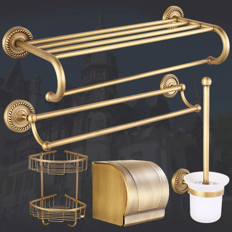 

Solid Brass Antique Bathroom Hardware Accessories Set European Style Carved Luxury Bathroom Products Brushed Towel Ring