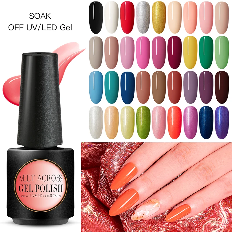 MEET ACROSS 7ml Gel Nail Polish 213 Colors Pure Glitter Sequins Semi Permanent Varnish Top Coat Soak Off UV LED | Красота и здоровье