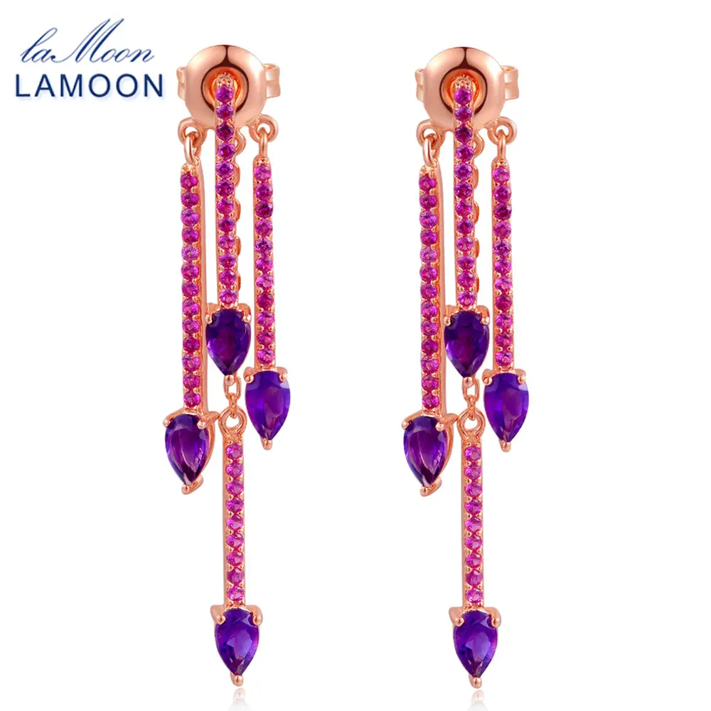 

LAMOON Multifunction Natrual TearDrop Amethyst 925 sterling silver Drop Earrings S925 jewelry For Women LMEI034