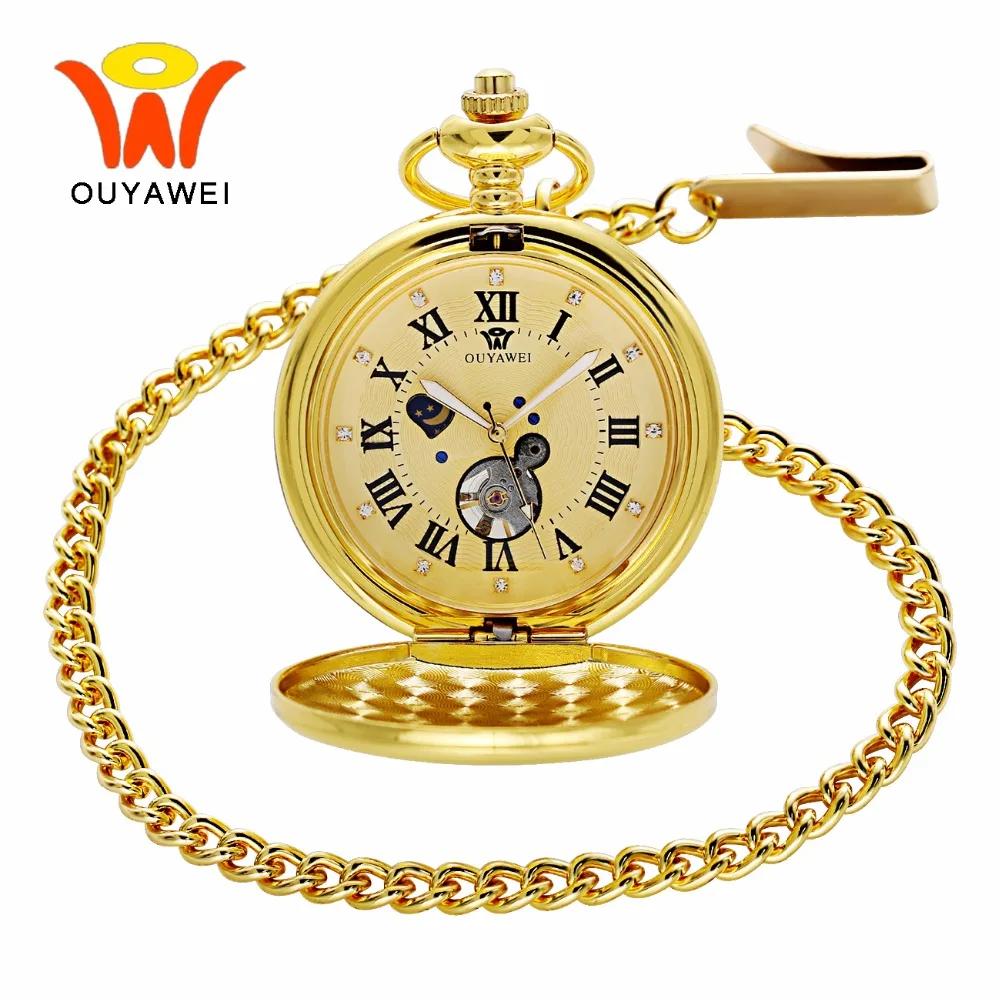 OUYAWEI Роскошные Sun Moon Мужские Механические карманные часы цепочка брелок Любовь