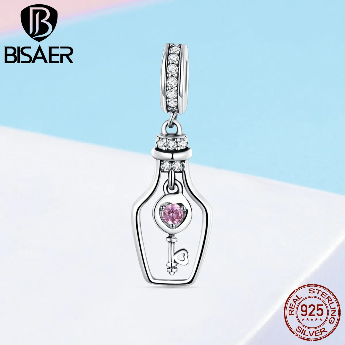 BISAER Аутентичные 925 пробы Серебряные Брелоки для ключей, прозрачные чешские бусины, подходят для женских браслетов, серебряные 925 ювелирных изделий ECC1071