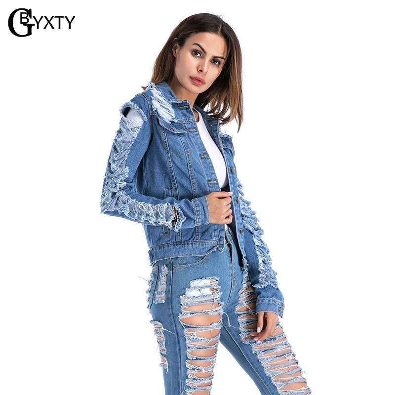 GBYXTY veste en jean femme manche longue Женская винтажная рваная джинсовая куртка с длинным