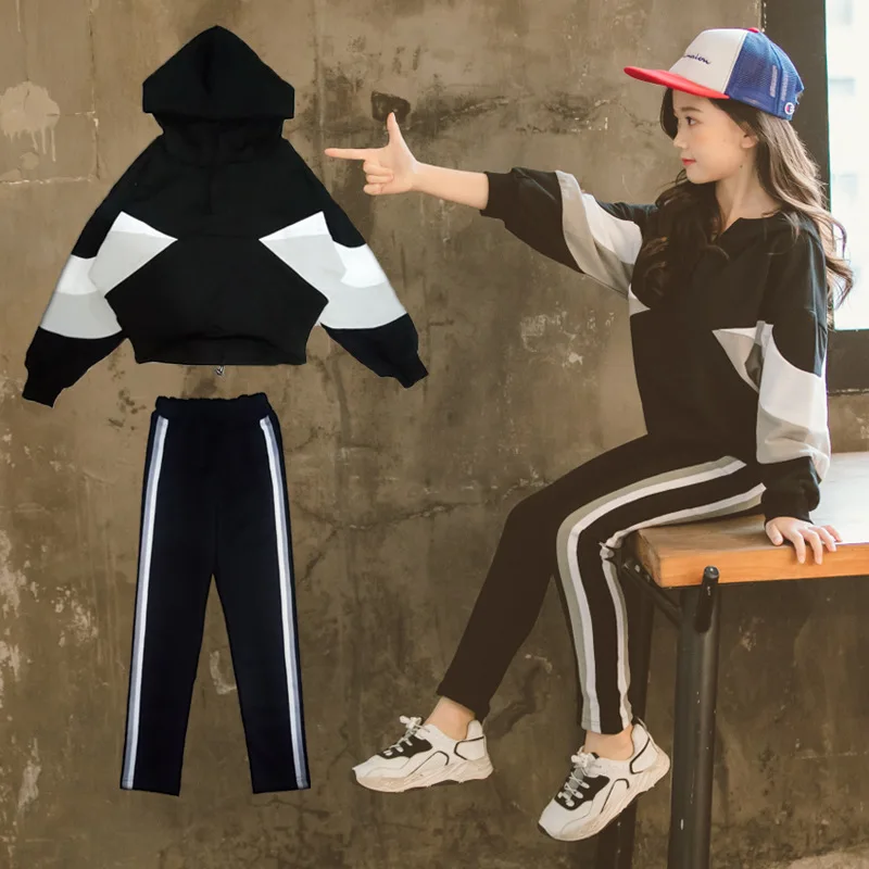 Fashion Girls Clothing Set Hooded Sport for Teenagers Striped Black Tracksuit Children Clothes 2019 Korean Kids | Мать и ребенок