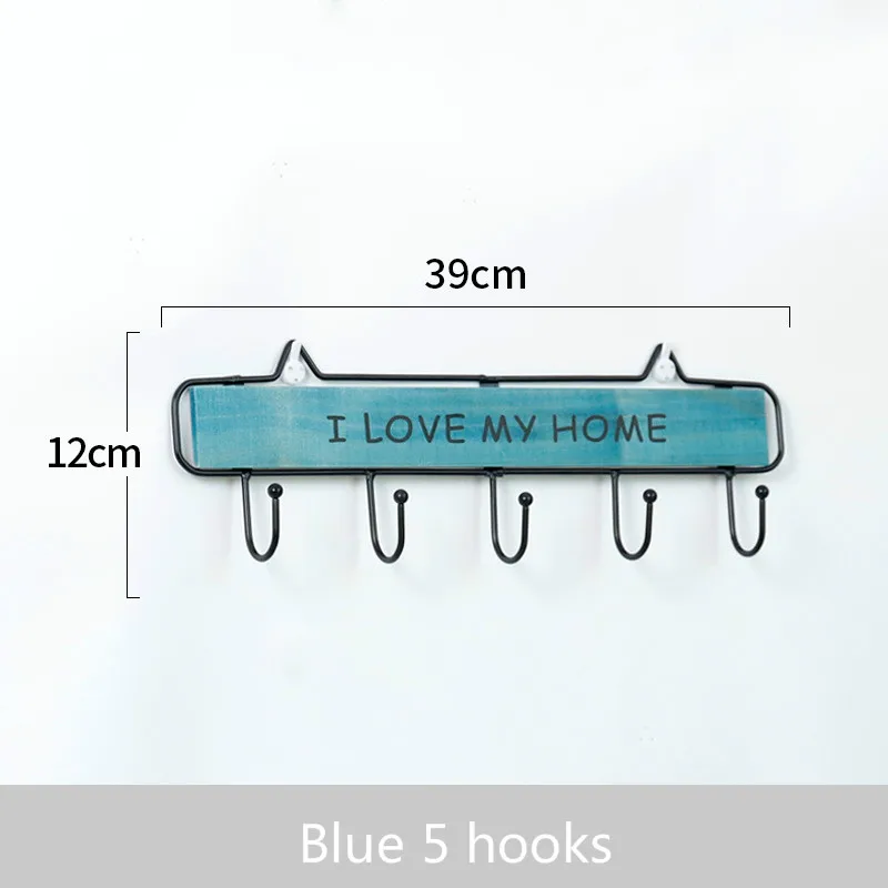 Blue 5hooks Высокое качество креативный деревянный металлический крючок настенный ключ одежда шляпа стеллаж для хранения с крючком крыльцо гостиная украшение кухонной стены - Цвет: Blue 5hooks