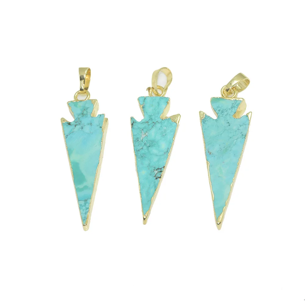 

Raw Green Howlite Arrows turquoises jewelry pendant charms female long chakra stone flame boho with 24k gold electroplated bezel