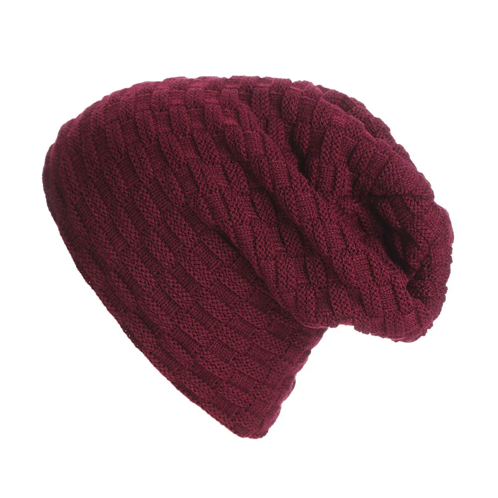 Wine red Осень и зима унисекс плюс бархатная Толстая вязаная шапка Skullies Beanies Мужская и женская уличная теплая полосатая Кепка в клетку Z178 - Цвет: Wine red