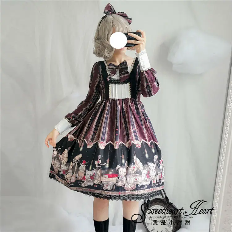 Японский платье лолиты, в готическом стиле, милые Kawaii для девочек длинный рукав бант с милым рисунком в виде медведя из мультфильма платье в стиле "Лолита" Высокая Талия